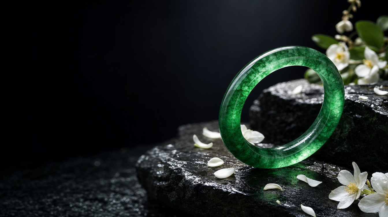 Imperial green jadeite bangle on dark stone — deep translucent emerald jade