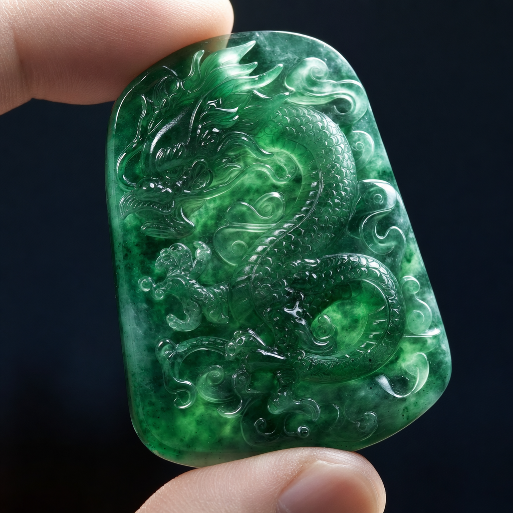 Imperial green jadeite dragon pendant — carved Grade A jadeite