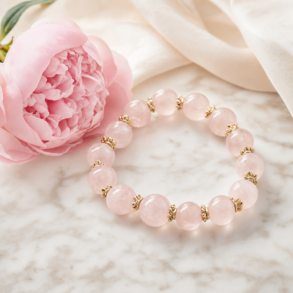 Pink rose quartz bead bracelet — gentle yin Fire element