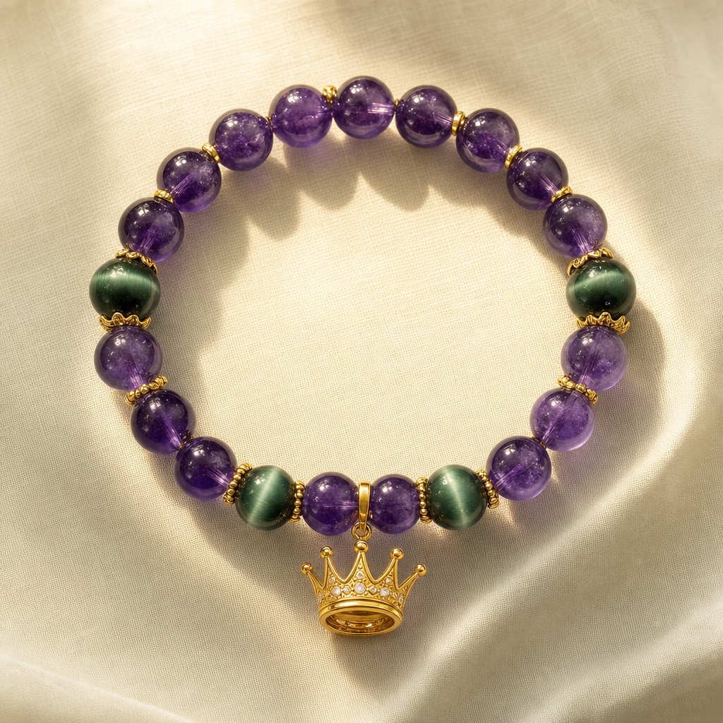 Purple amethyst bead bracelet with green cat eye — Fire element crystal