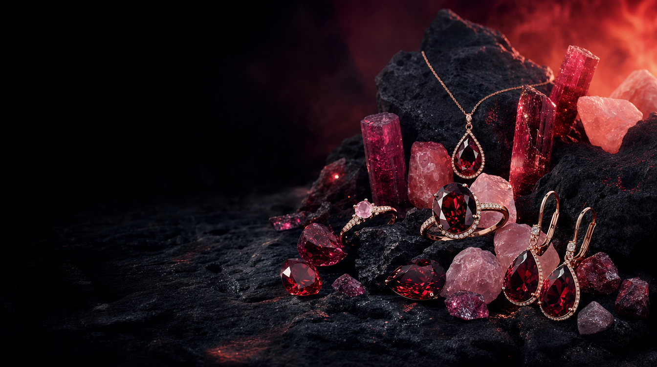 Fire element crystals — deep red garnets and rose quartz on volcanic stone