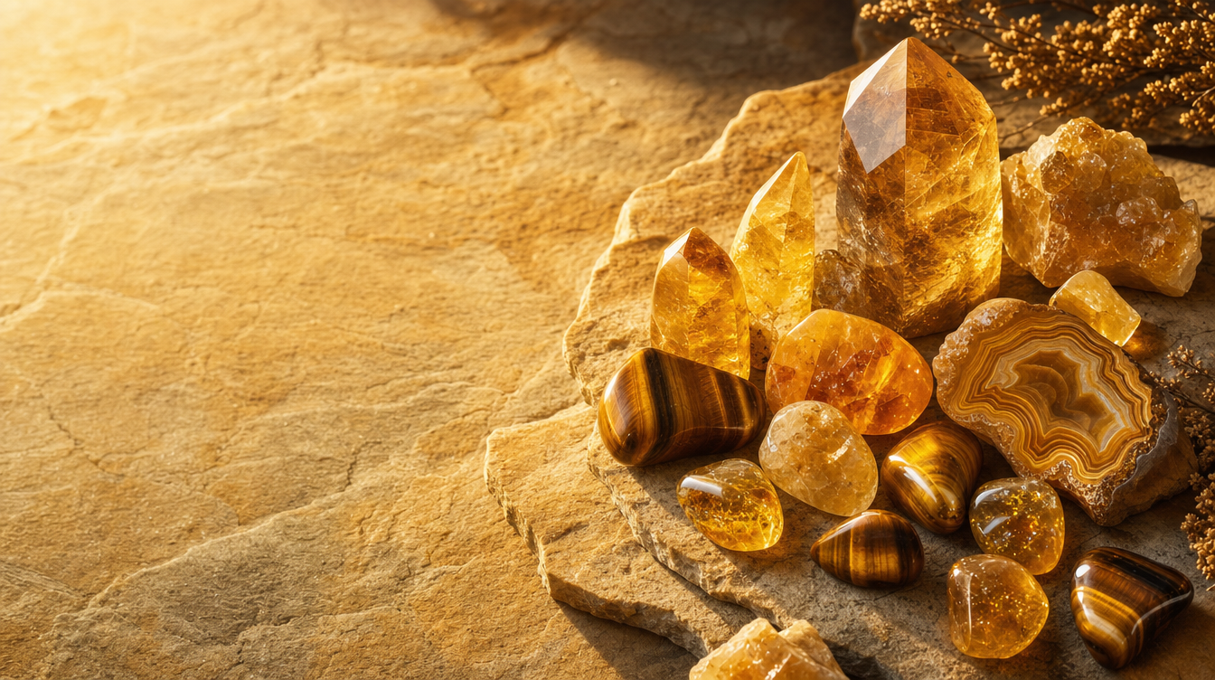 Earth element crystals — citrine, tiger eye and amber on golden sandstone
