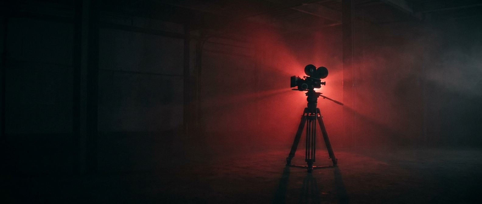 A film camera silhouetted in red light inside a smoke-filled warehouse