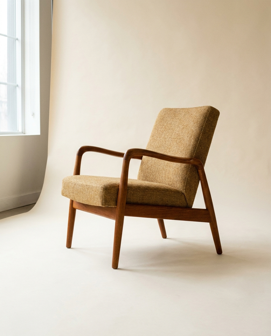 Sculpted teak lounge chair, three-quarter view on a warm studio backdrop
