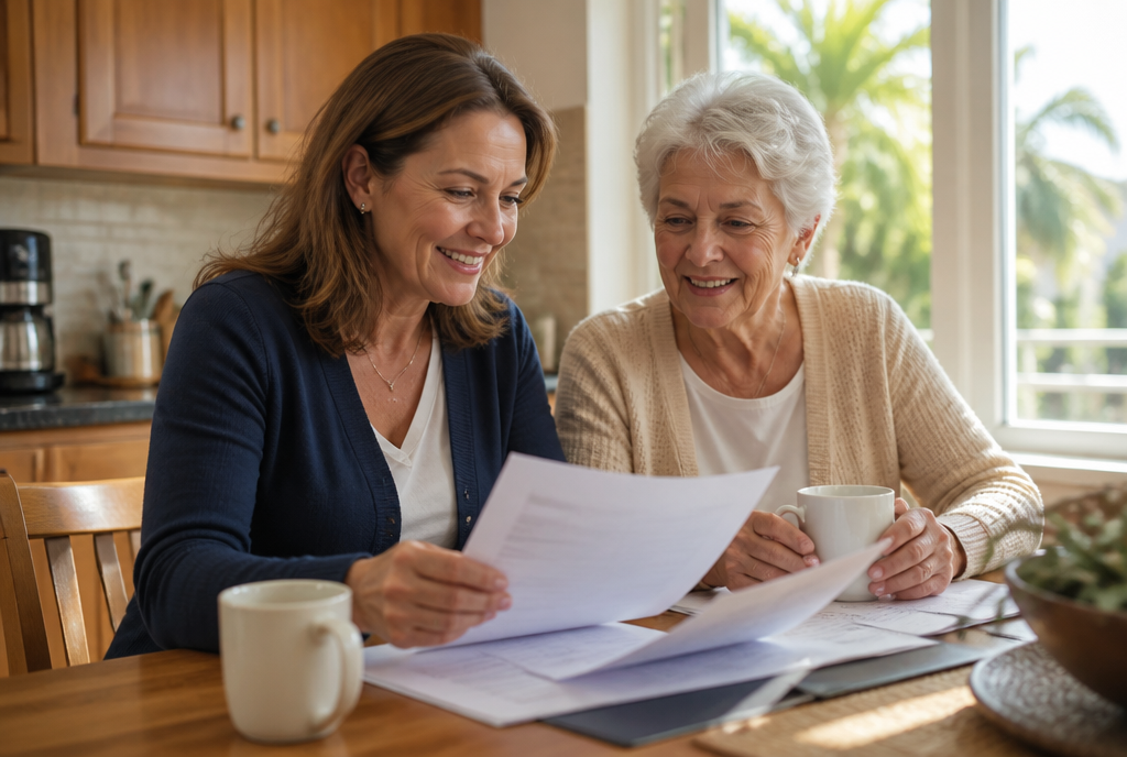 Adult daughter and senior mother reviewing paperwork at a kitchen table