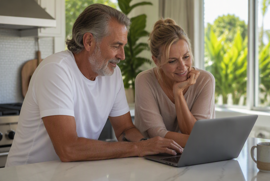 Couple of different ages reviewing Medicare and Marketplace options together on a laptop