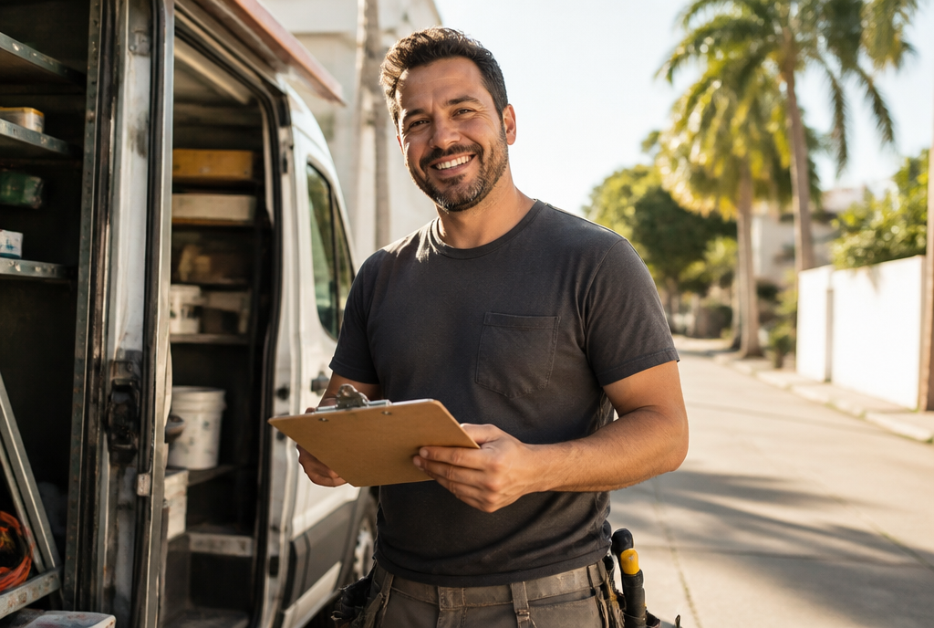 Self-employed contractor standing outside his work van with a clipboard in South Florida
