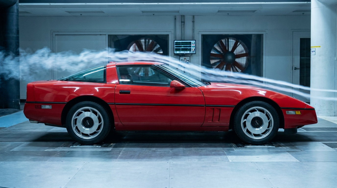 1984 Chevrolet Corvette C4 in side profile showing the wind-tunnel aerodynamic design and flush glass that marked the revolution from the C3