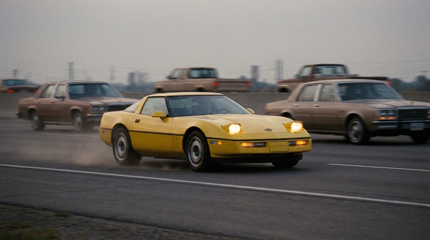 1986 Chevrolet Corvette C4 in yellow on an American highway, symbolizing the C4 performance revival from the malaise era