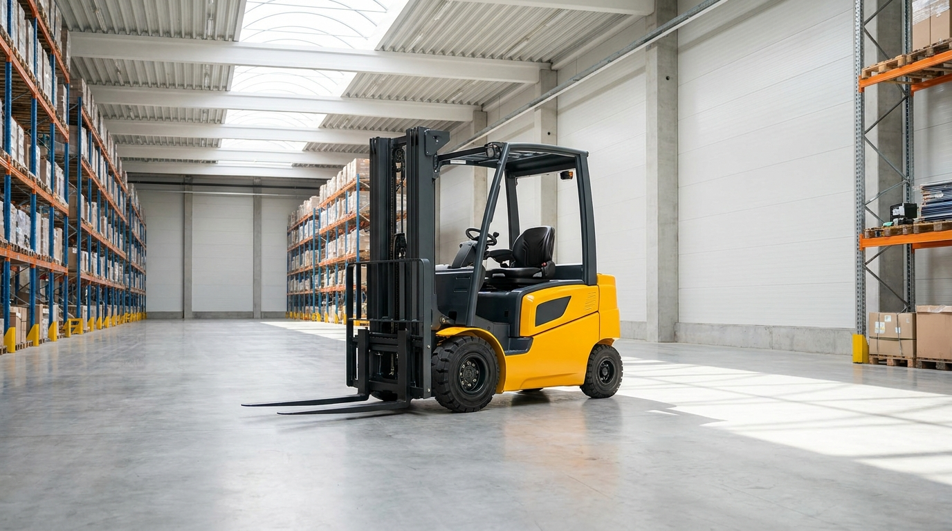 Forklift in a bright warehouse