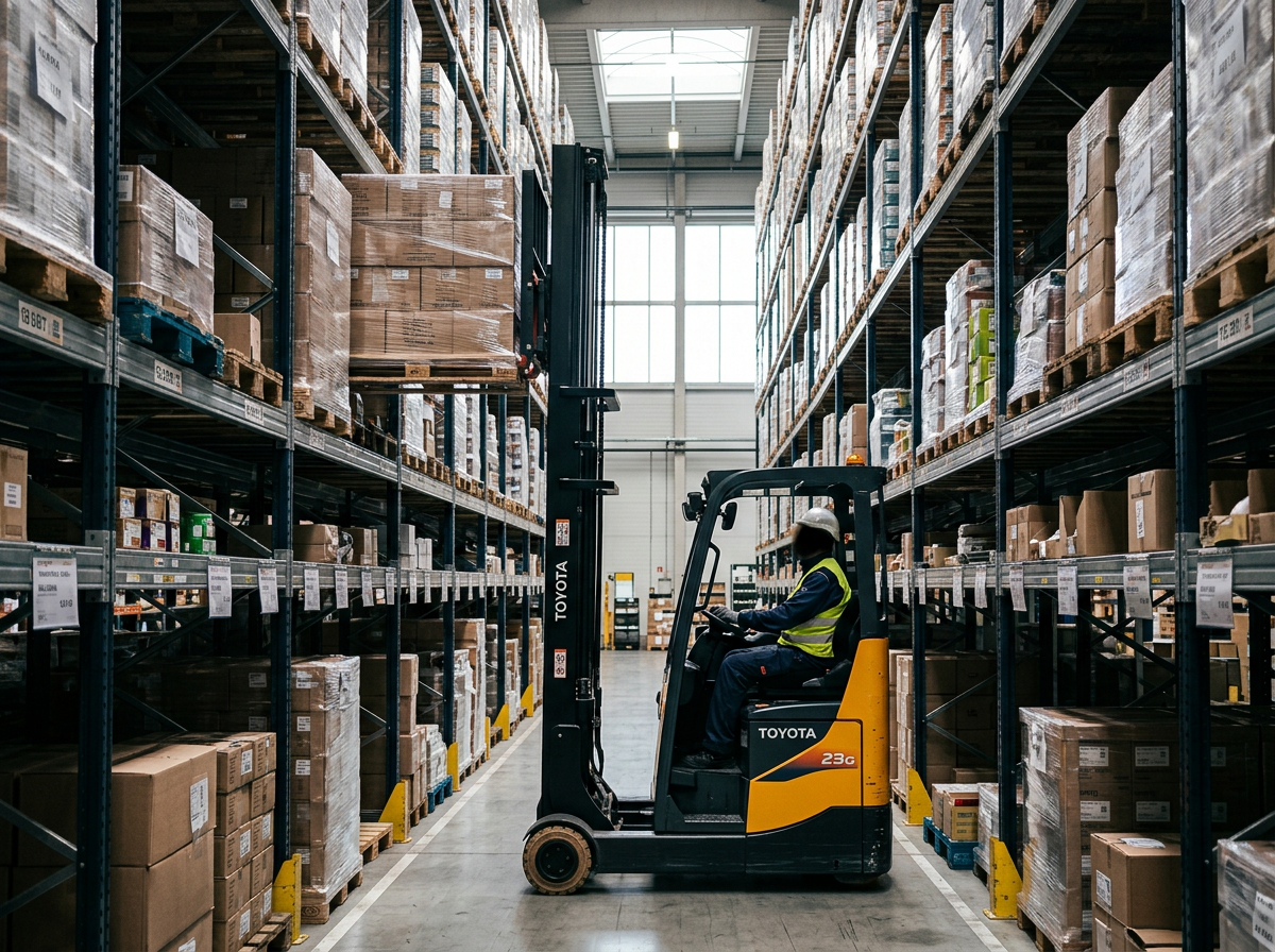 Reach truck in narrow aisle warehouse