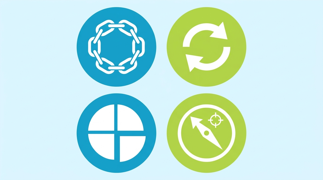 Four circular icon panels in a 2x2 grid representing connector overuse, vocabulary repetition, partial task address, and position drift