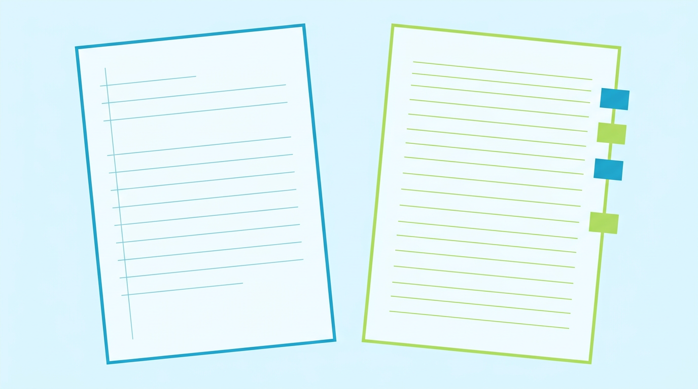 Two IELTS essay document silhouettes side by side, the right sheet with four colour-coded annotation tabs along its edge