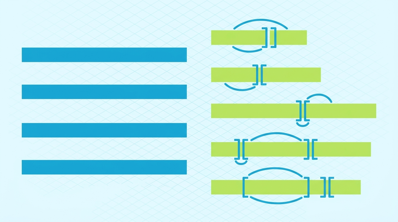 Isometric view of two groups of sentence-structure shape strips: uniform bars on the left, varied-length bars with nested bracket shapes on the right