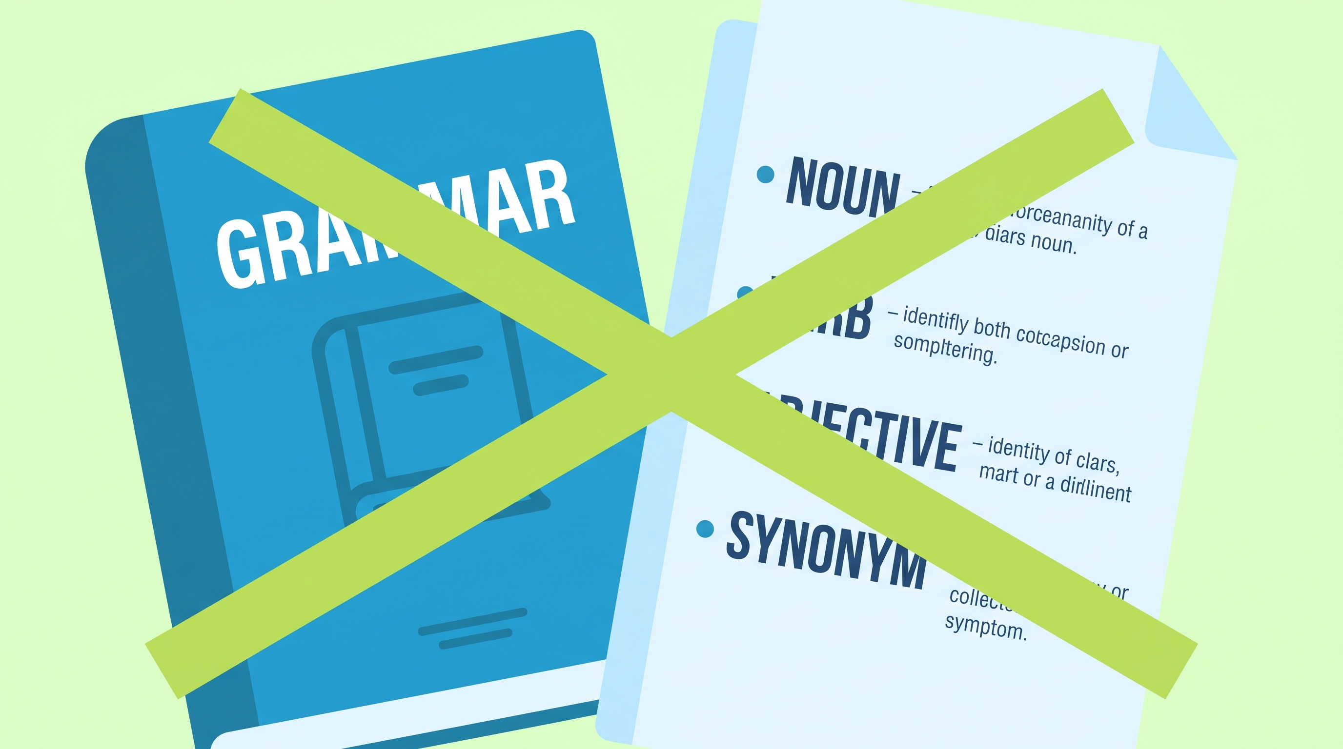 Crossed-out grammar textbook and vocabulary list representing low-return study habits