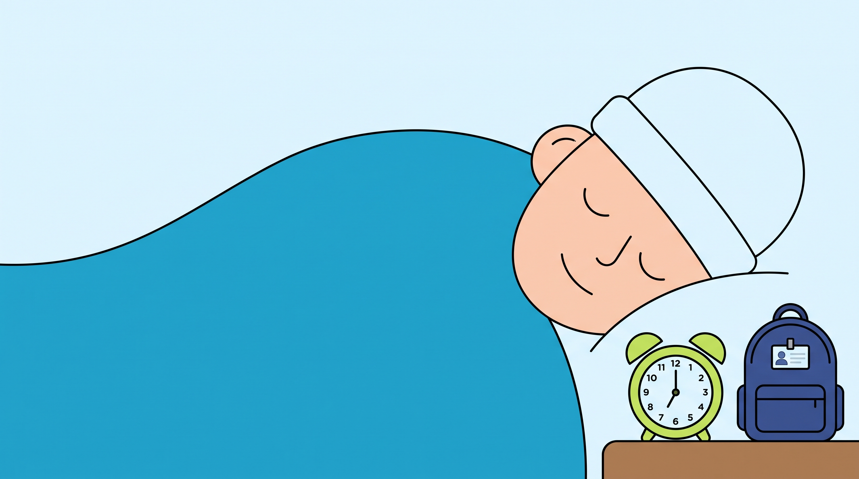 Resting student with an alarm clock and a packed bag representing a calm pre-test evening
