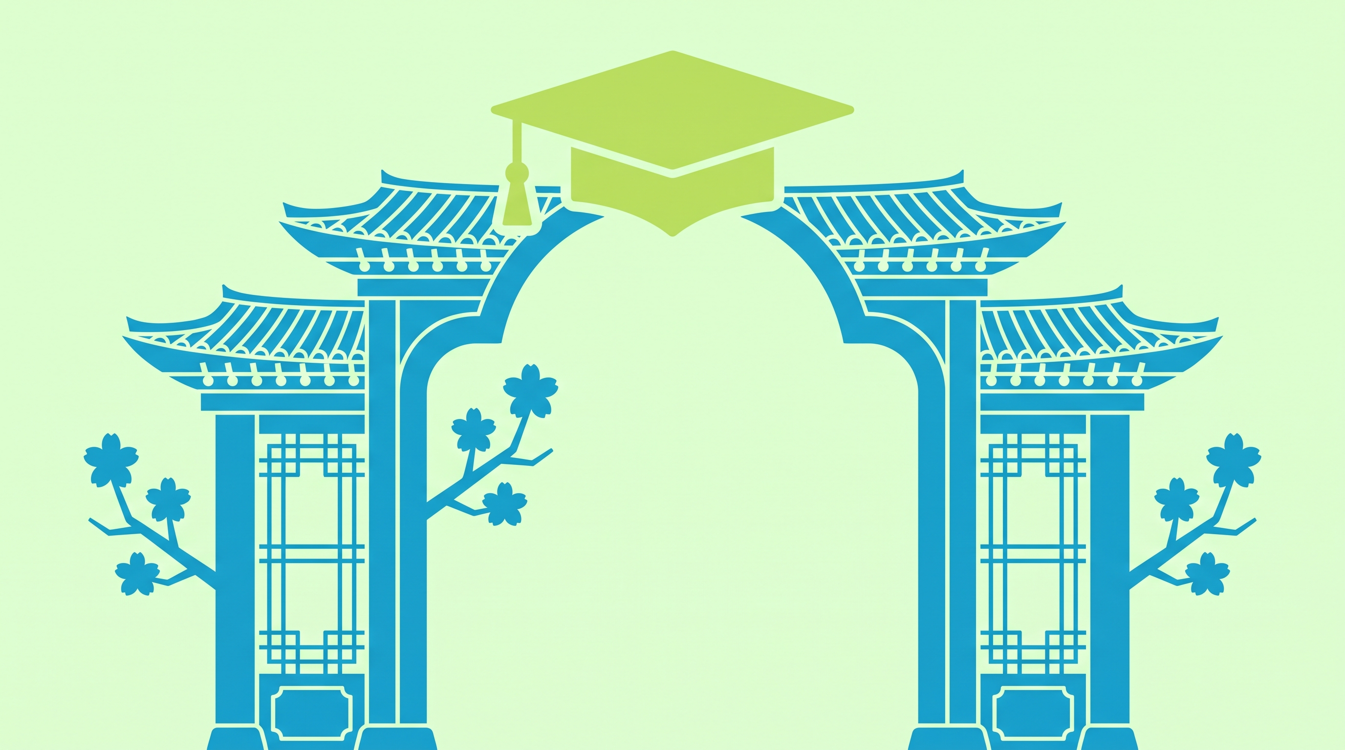 Flat vector Korean university gate with a large floating graduation cap above it