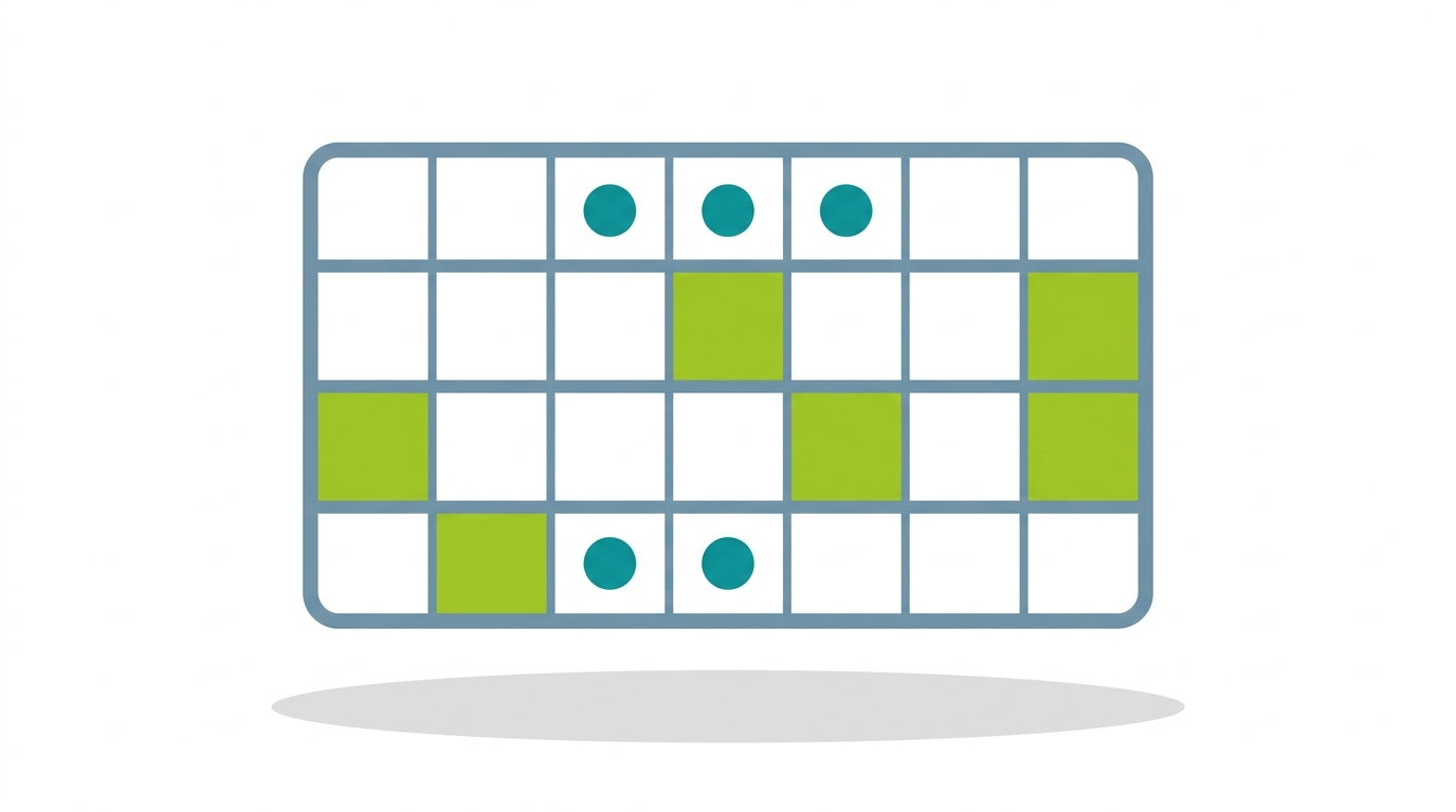 A flat vector illustration of a monthly calendar with four weekly milestone markers in teal and lime green, representing the 30-day plan structure