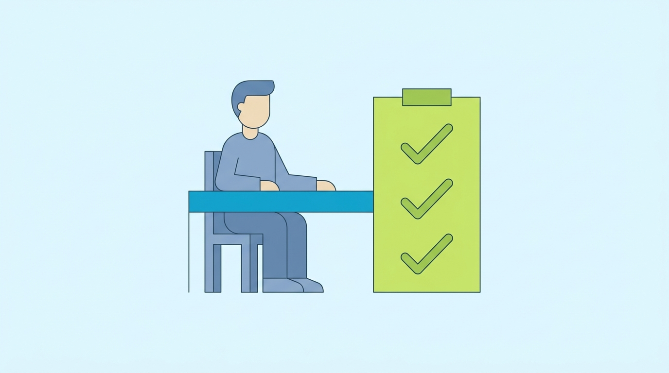 A flat vector illustration of a student at a desk beside a checklist showing three ticked exam simulation sessions in teal and lime green