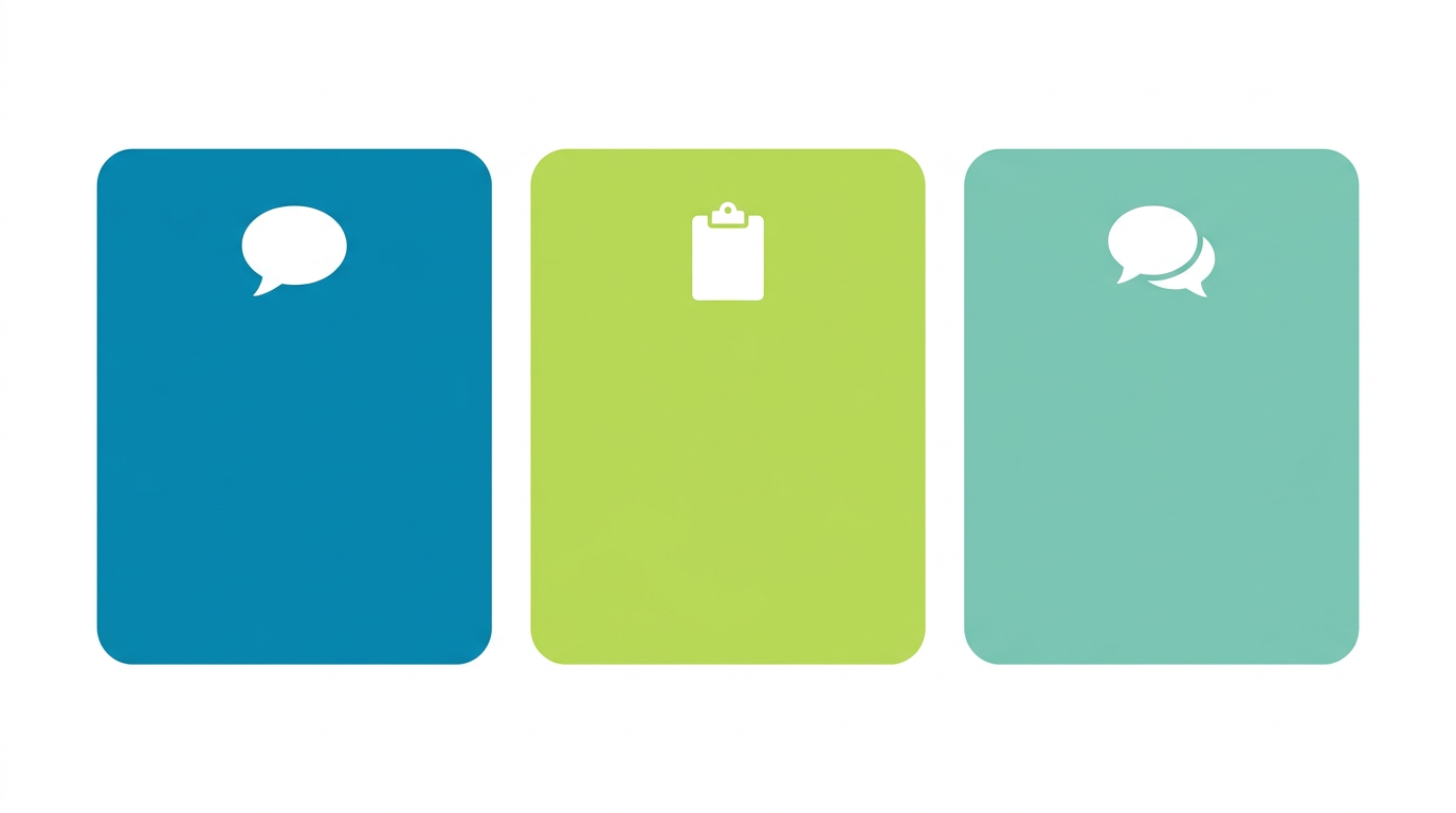 Three side-by-side cards comparing IELTS Speaking Parts 1, 2, and 3 by turn duration, topic type, and scoring focus