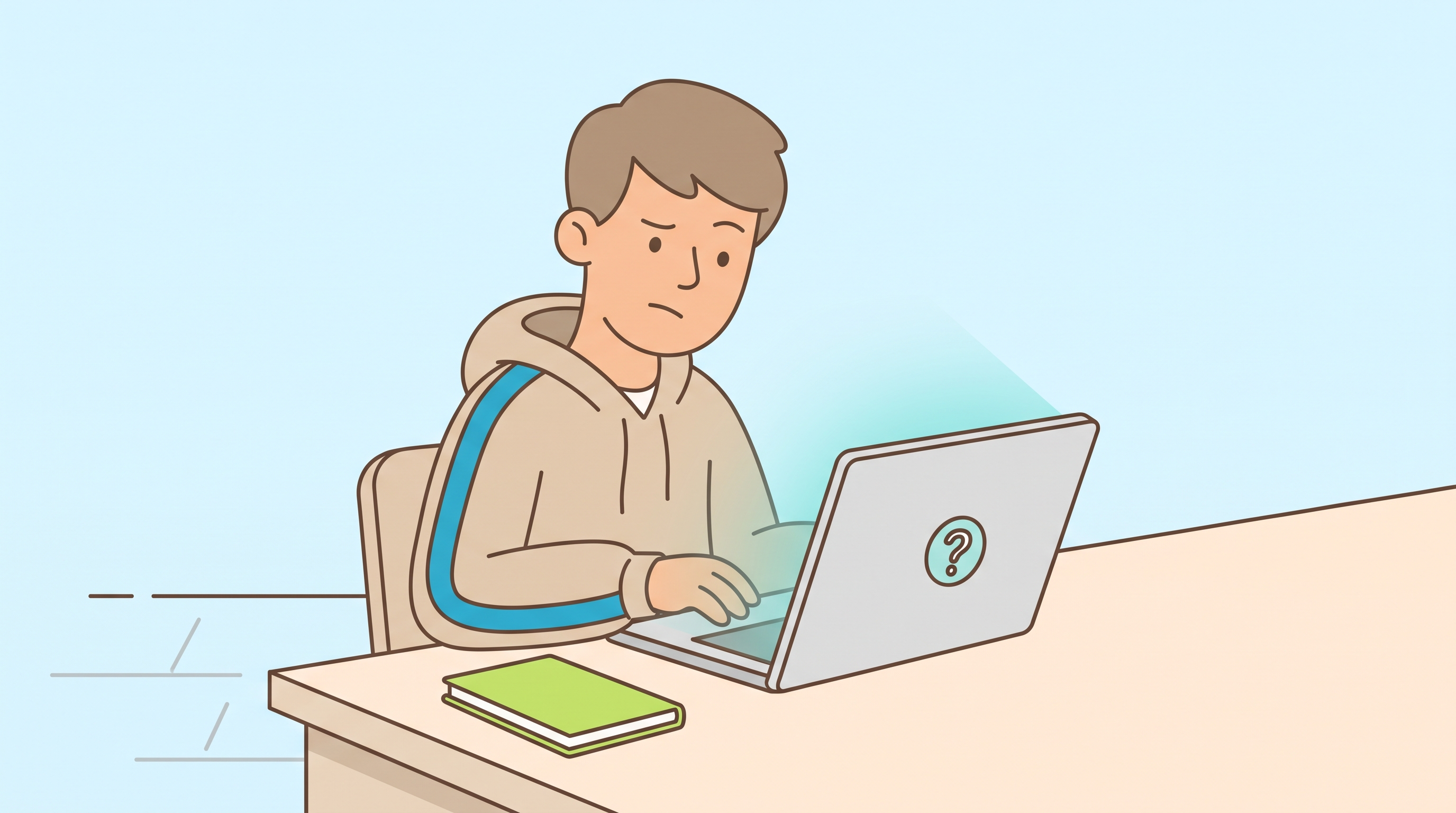 Student looking at a laptop showing IELTS results, puzzled expression
