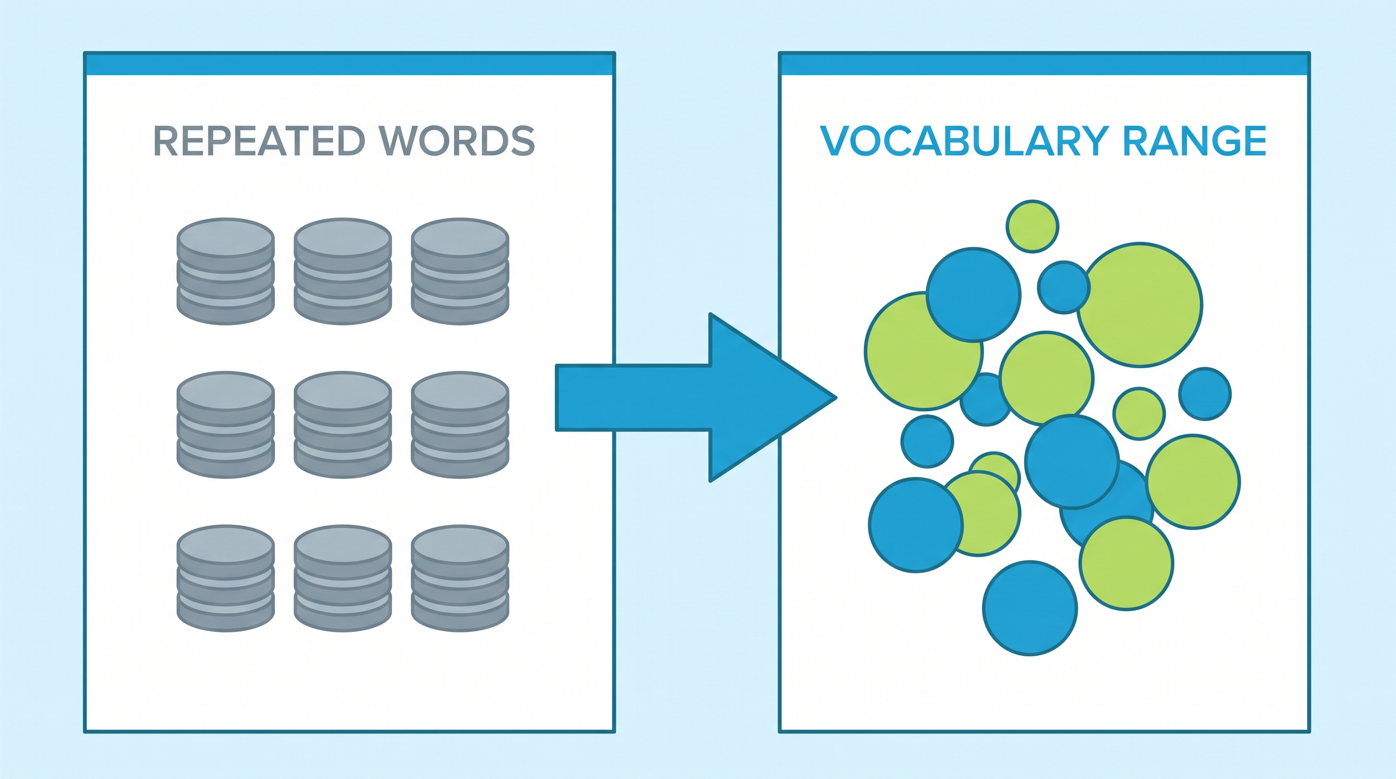 Side-by-side comparison showing word repetition on the left versus vocabulary variety on the right