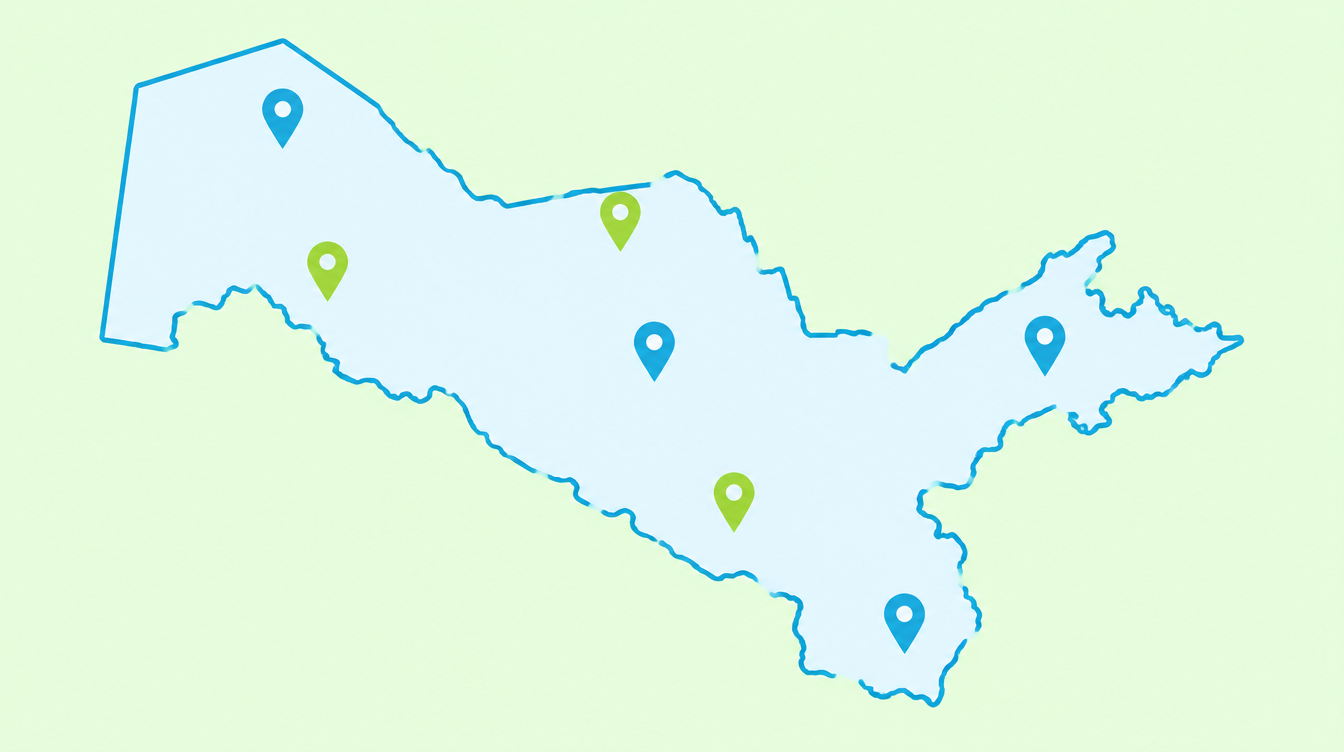 Simplified map of Uzbekistan with location pins across multiple regions