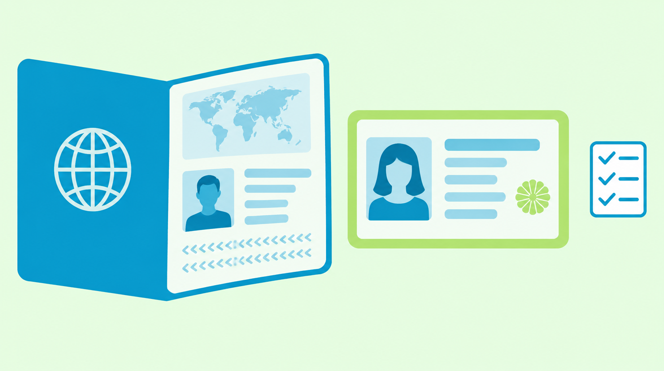 Open passport and national ID card with a three-item checklist
