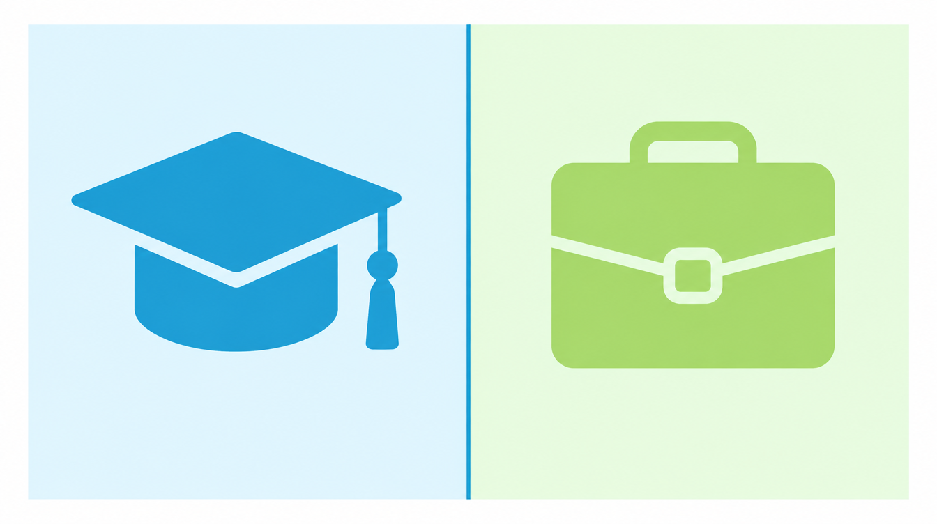 Two-panel comparison showing Academic graduation cap versus General Training briefcase