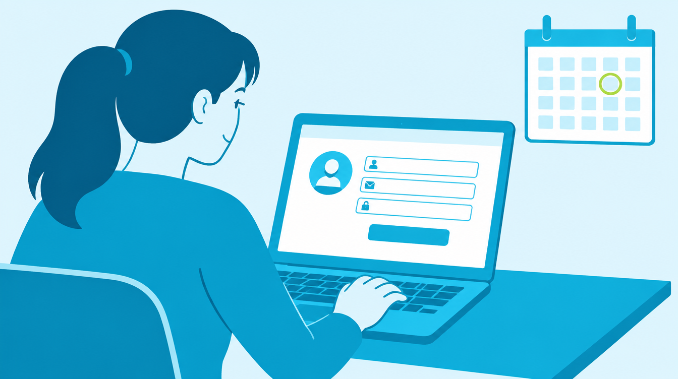 Person at a desk registering for IELTS on a laptop with a deadline calendar