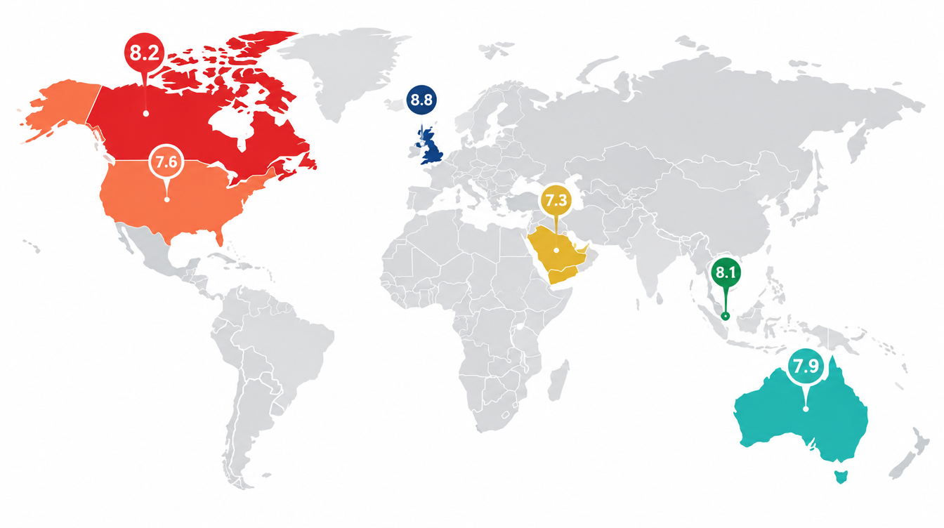 World map highlighting six destination countries with band score indicators