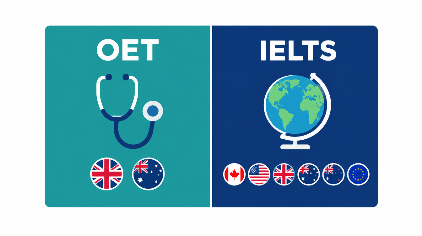OET vs IELTS two-panel comparison card showing destination acceptance