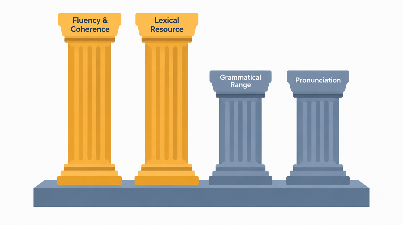 Four IELTS Speaking criteria shown as labelled columns, Fluency and Lexical Resource highlighted as taller pillars