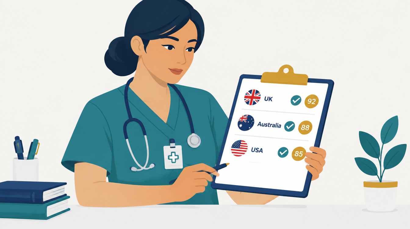 Nurse reviewing a checklist with destination country band score requirements