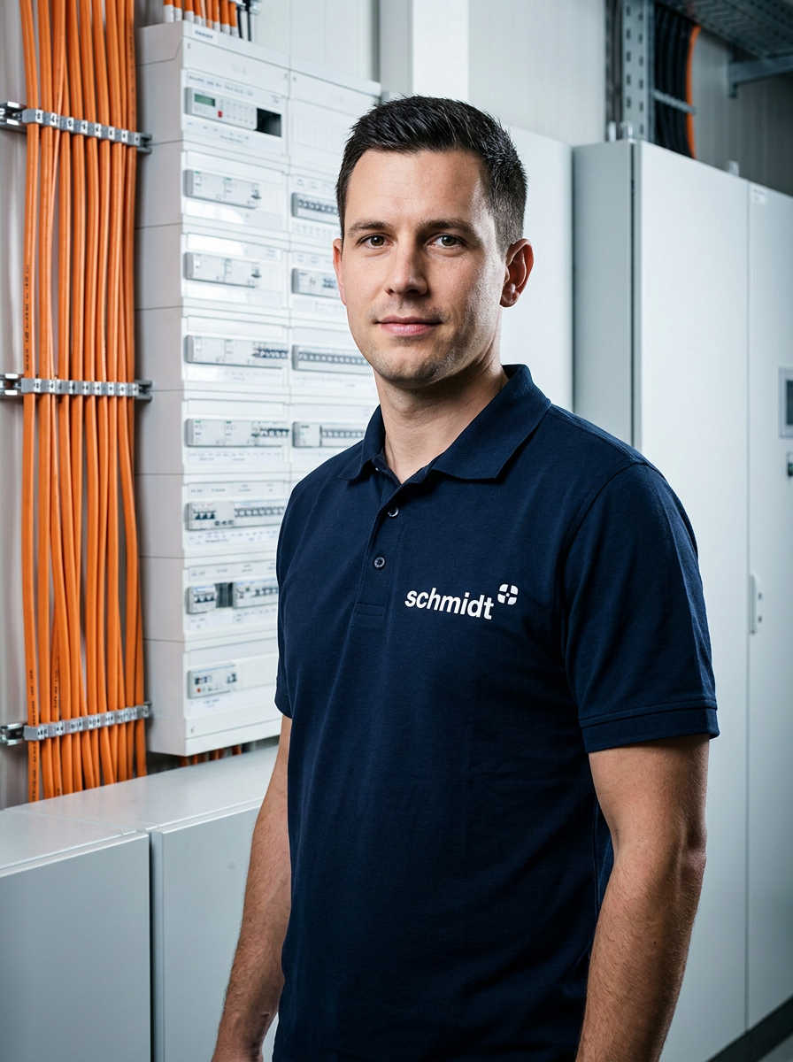 Schmidt-Mitarbeiter bei KNX-Hauptverteilung mit Schmidt-Branding