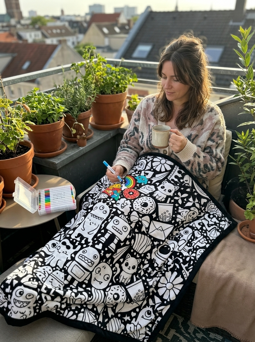Frau entspannt sich beim Ausmalen auf dem Balkon (Monster-Muster)