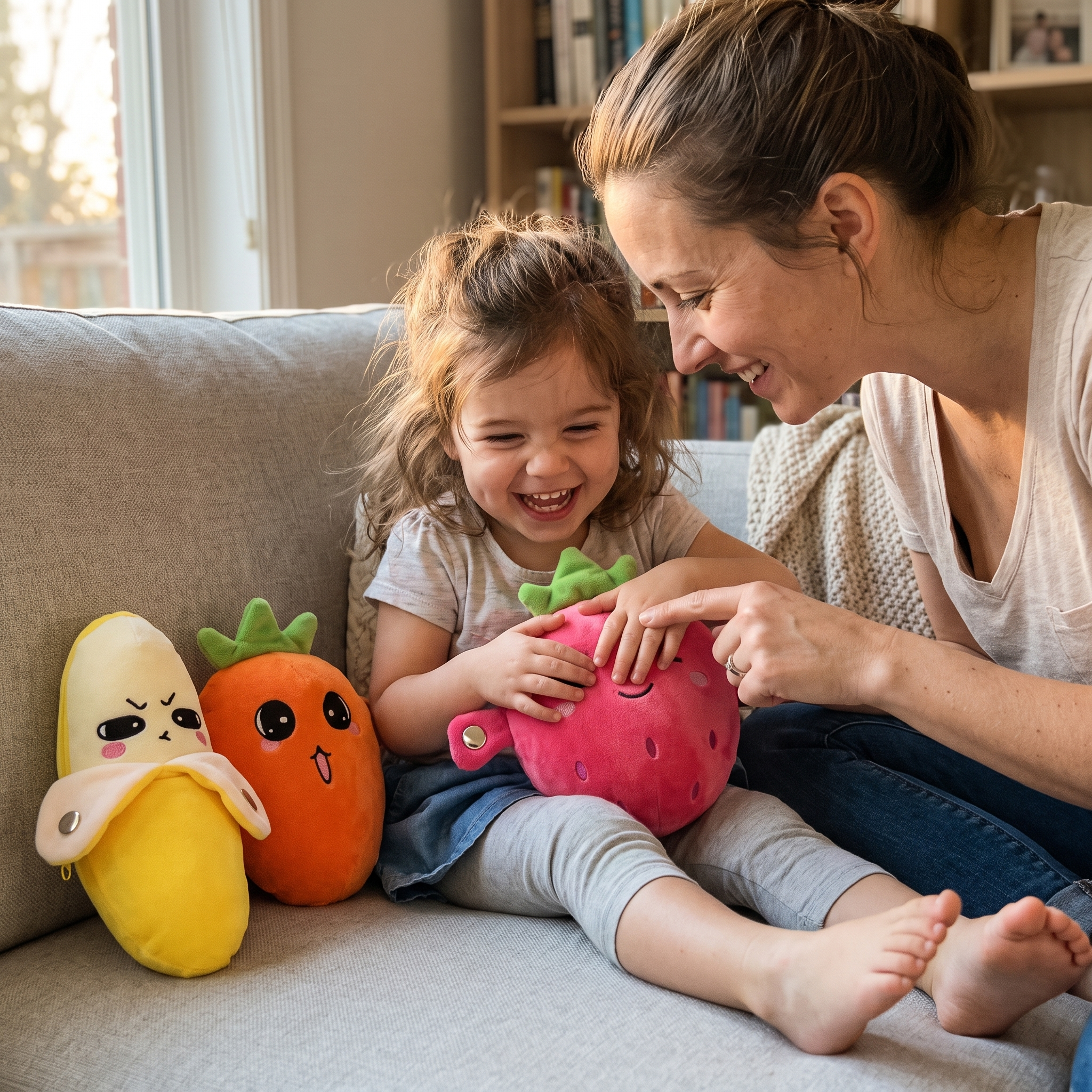 Mama und Tochter spielen auf dem Sofa mit der KuschelSound Erdbeere, daneben Banane und Karotte