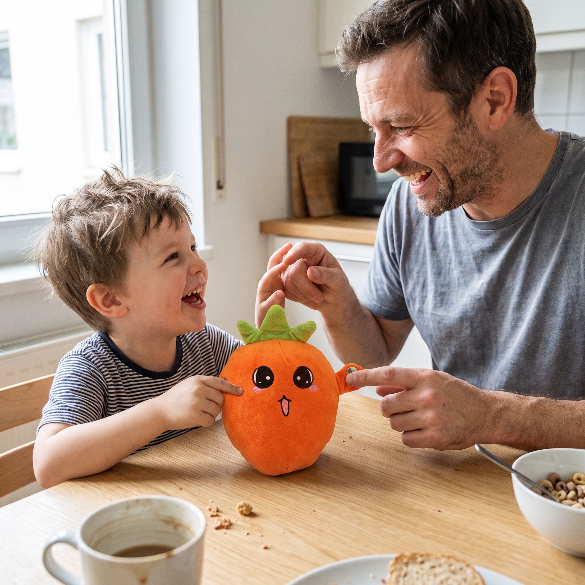 Papa und Sohn spielen am Fr&uuml;hst&uuml;ckstisch mit der KuschelSound Karotte