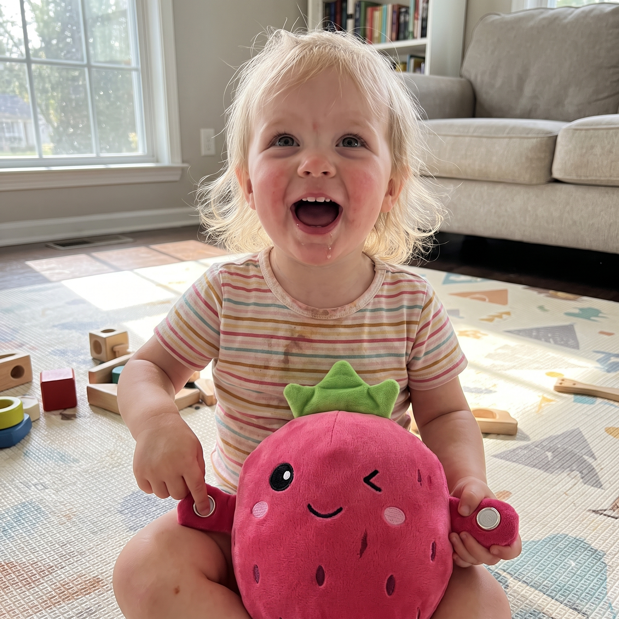 Kleinkind lacht begeistert mit der KuschelSound Erdbeere auf der Spielmatte