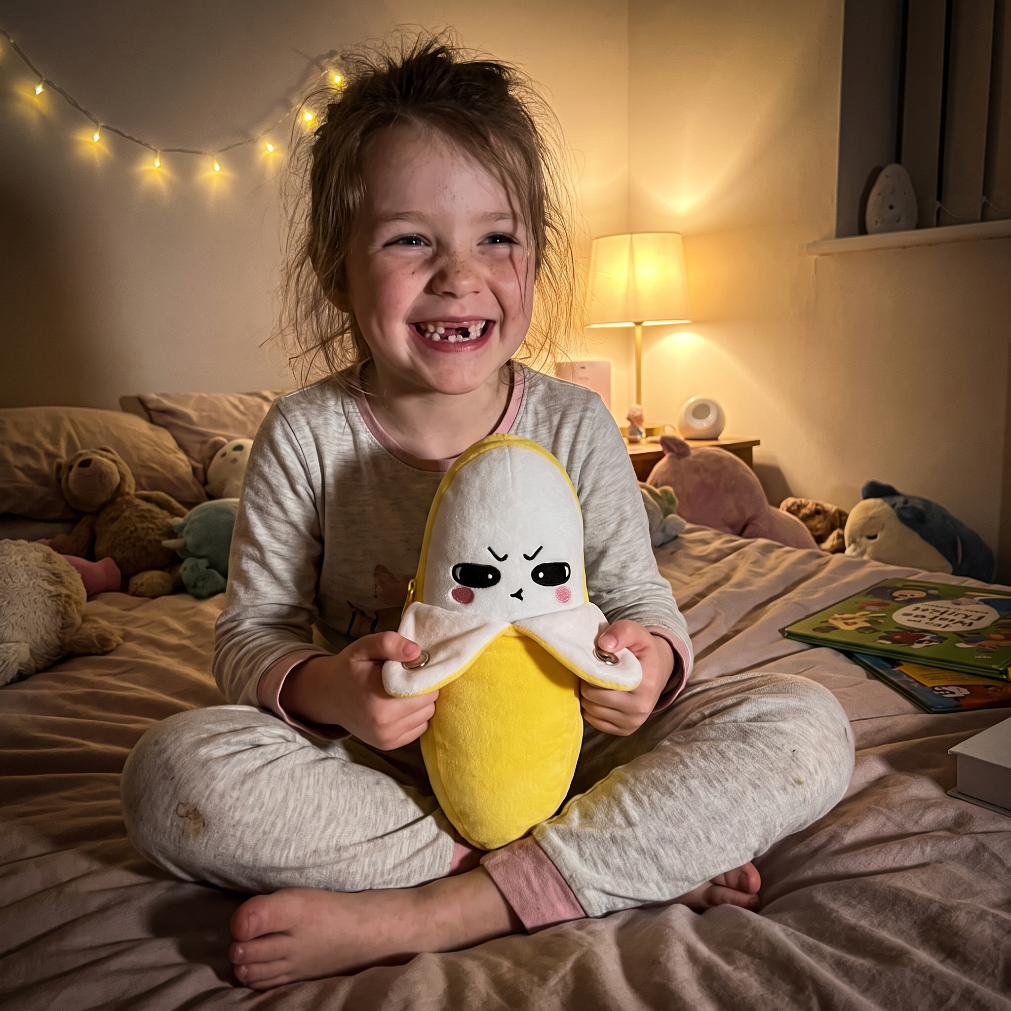 M&auml;dchen im Schlafanzug h&auml;lt die KuschelSound Banane auf dem Bett