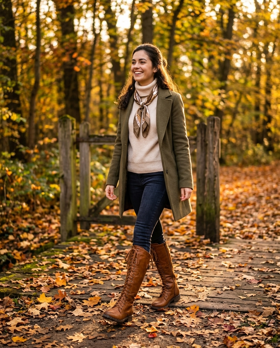 Dámské vysoké šněrovací jezdecké boty Lena ve stylu podzimního outfitu