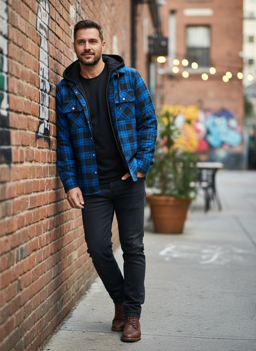 Giovanni | Men's Checked Hooded Overshirt worn by model