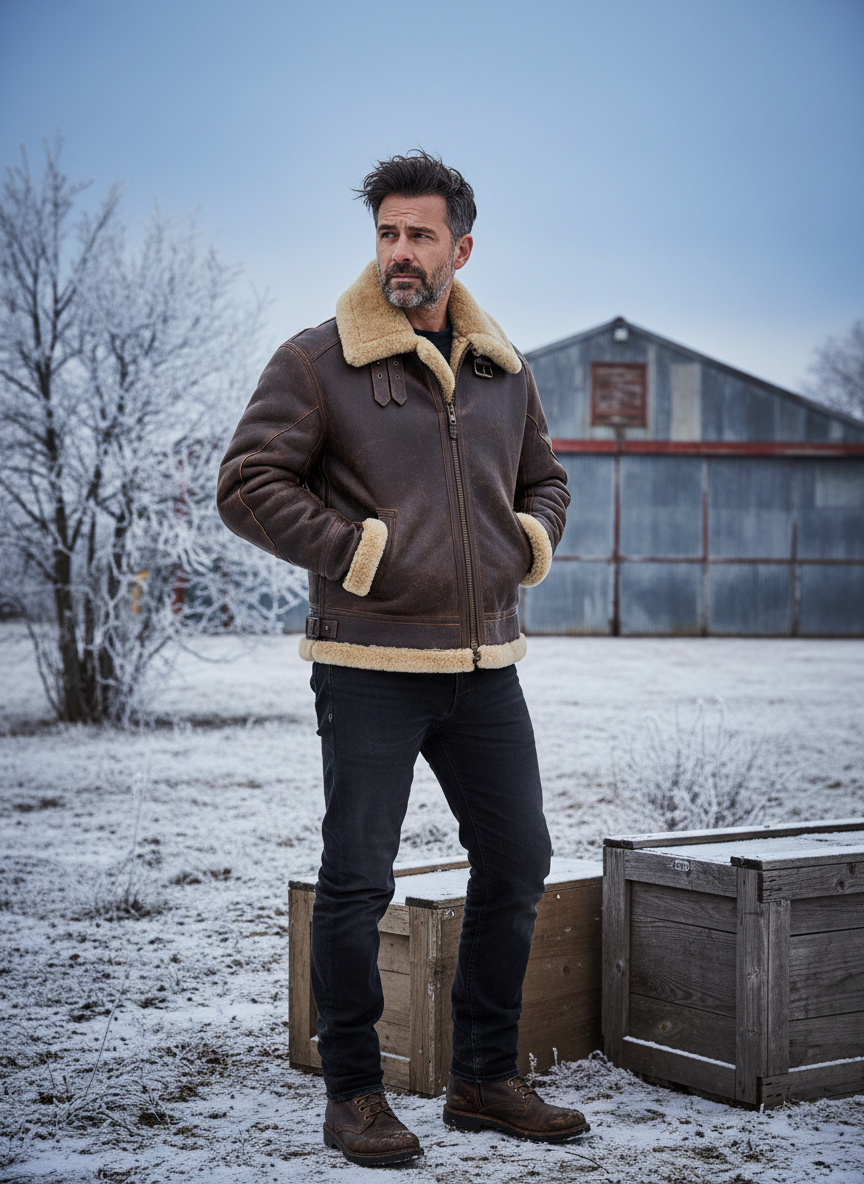 Thomas | Men's Shearling Flight Jacket worn by model