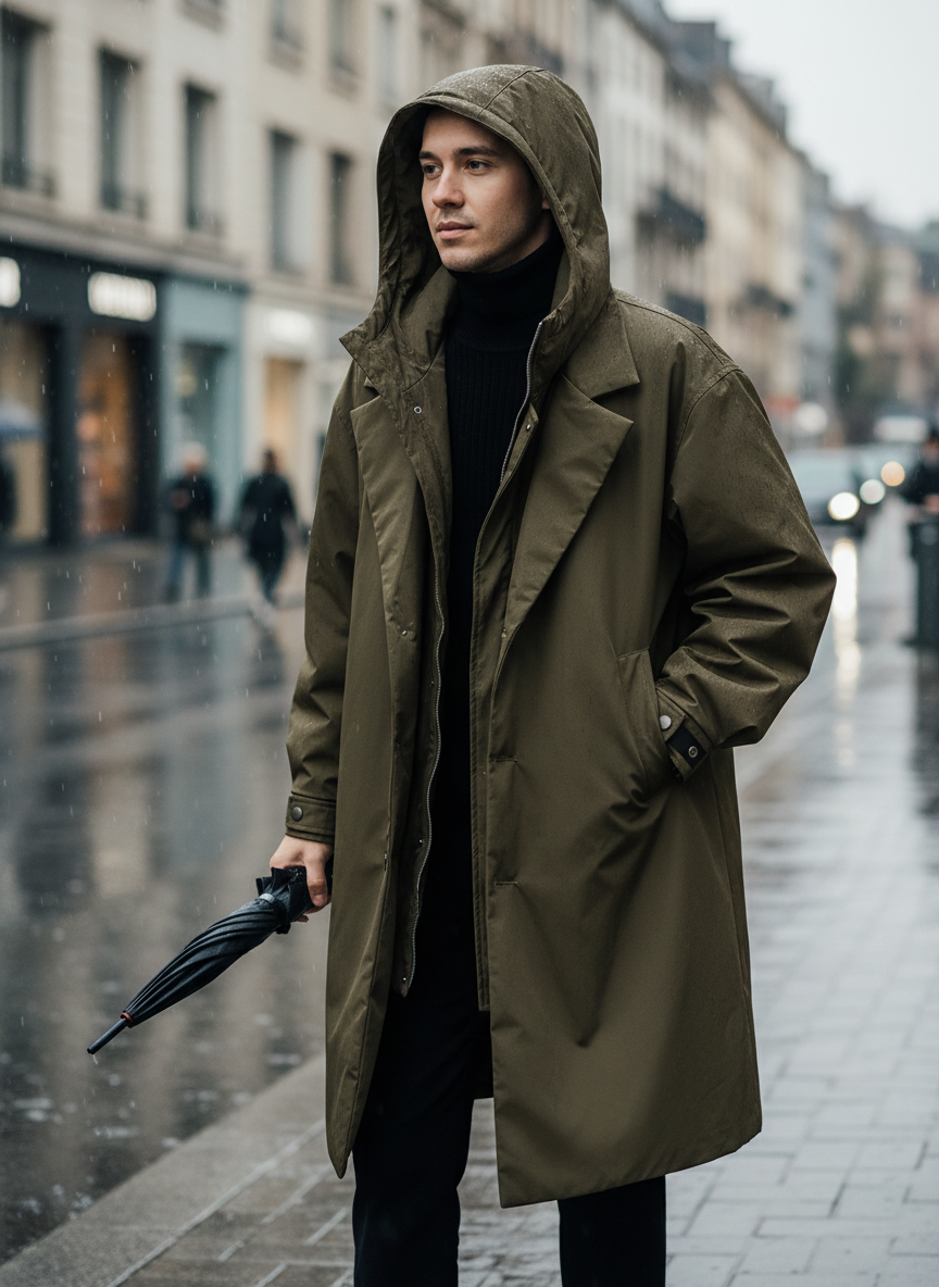 Jakob | Men's Lightweight Long Rain Jacket worn by model
