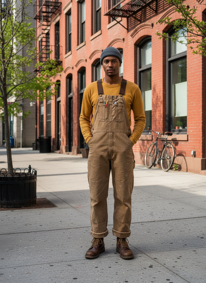 Streetstyle foto van een man in vintage canvas overall en muts