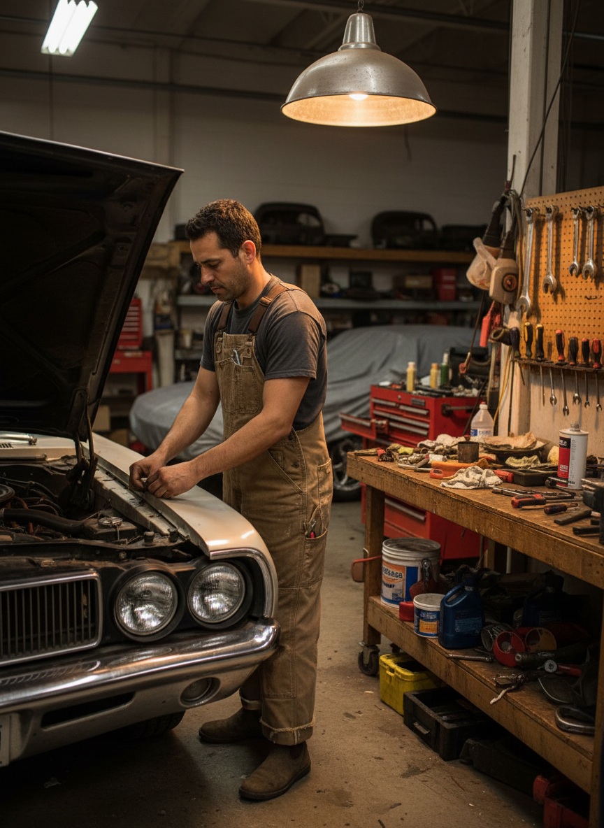 Monteur in camel canvas overall werkend naast een auto in een garage