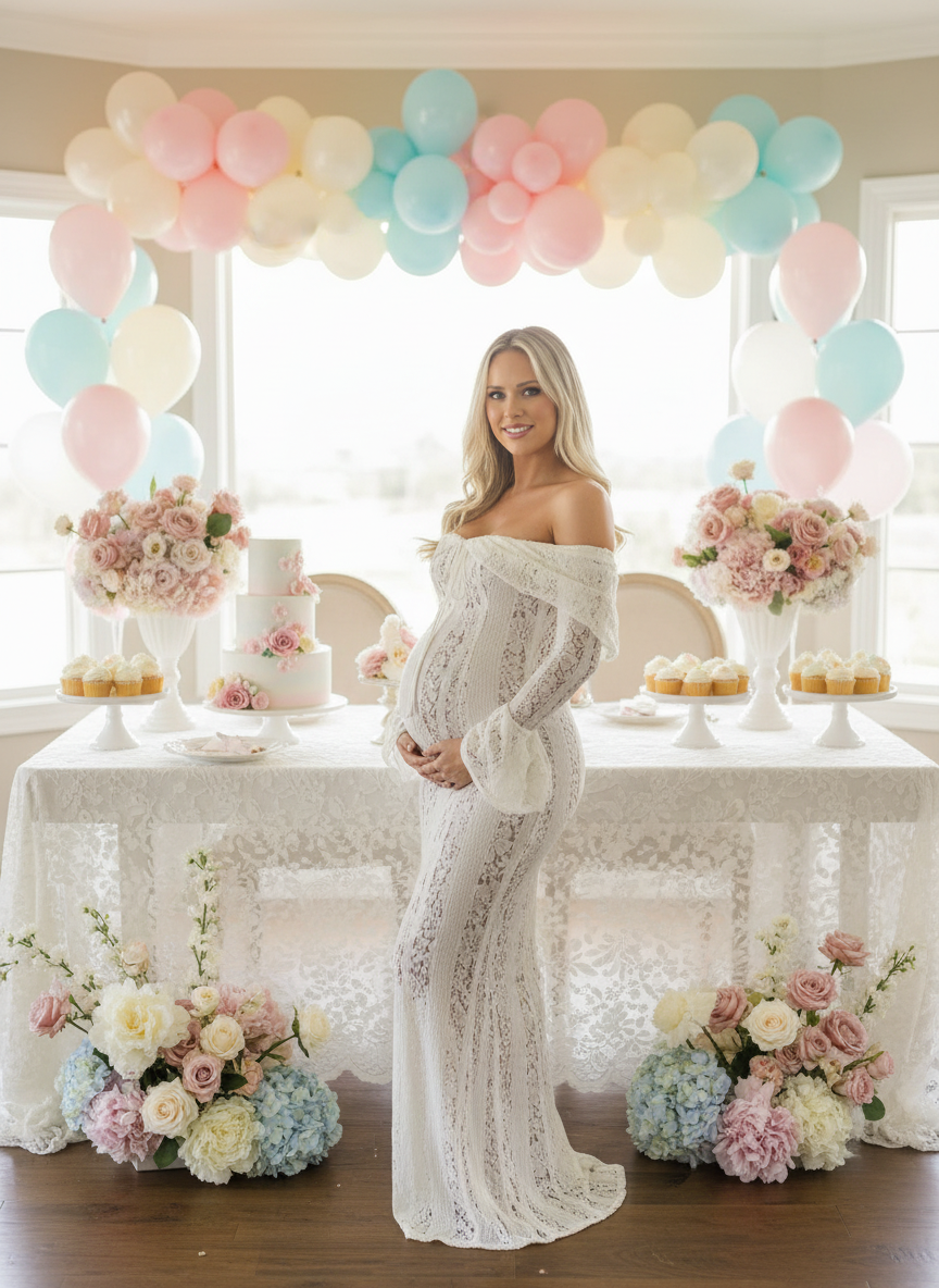 Pregnant woman in a white lace off-shoulder dress at a baby shower with balloons