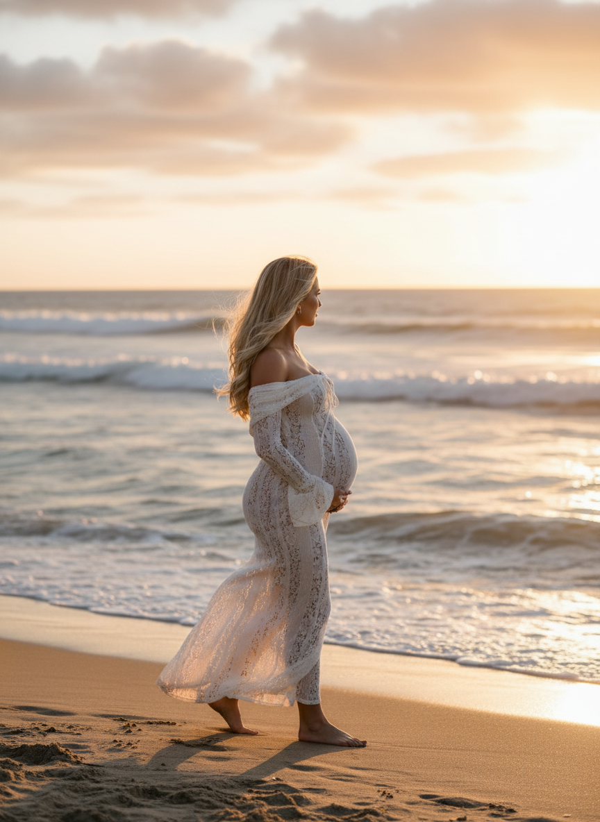 Zwangere vrouw in witte kanten maxi-jurk wandelend op het strand bij zonsondergang