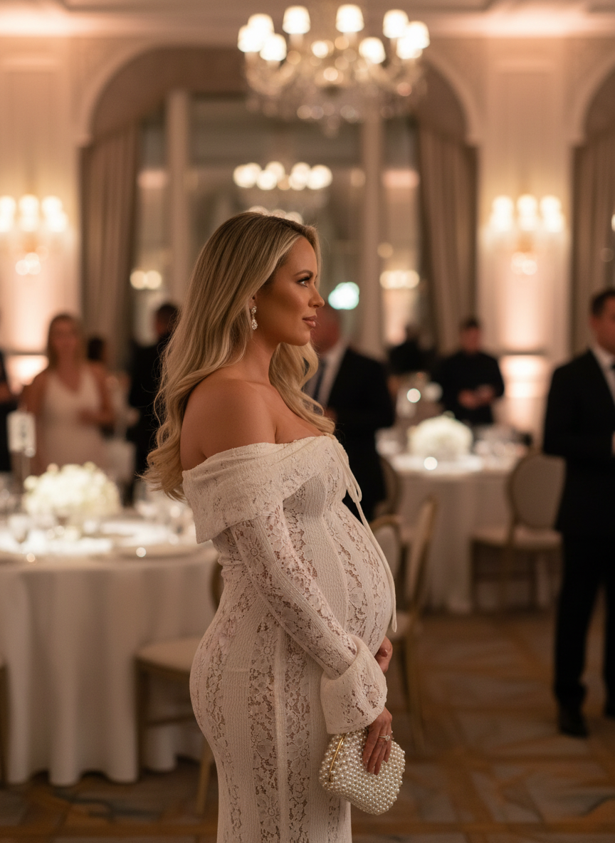 Expectant mother in white lace dress at an upscale candlelit evening event