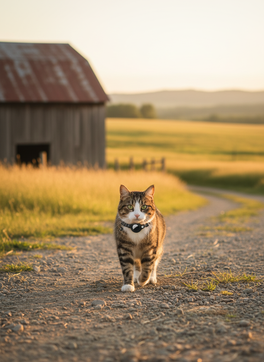 Cat wearing a black GPS tracker collar walking a farm path near a barn